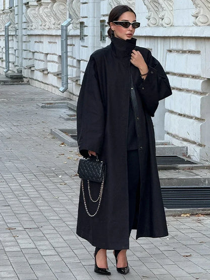 Women's Windproof Trench Coat Chic Long Sleeve Loose Fit Overcoats Stand Collar Long Jackets 2025 Lady Street Fashion Outerwears