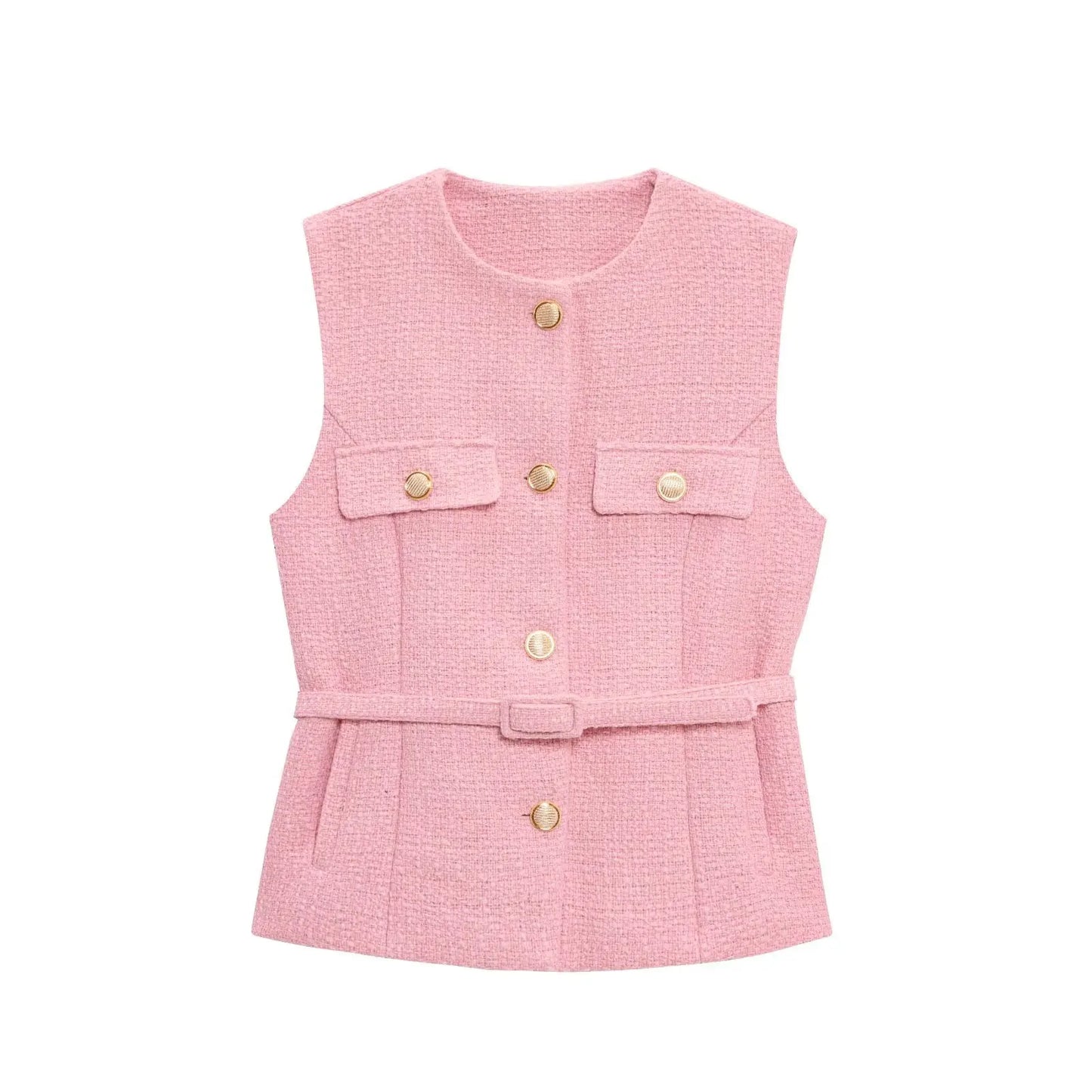 HH 2025 Elegant Women's Texture Belt Waistcoat Summer O-Neck Sleeveless Buttons Vest Jacket Female Slim Commuter Vest Tops