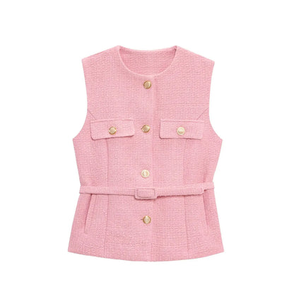HH 2025 Elegant Women's Texture Belt Waistcoat Summer O-Neck Sleeveless Buttons Vest Jacket Female Slim Commuter Vest Tops