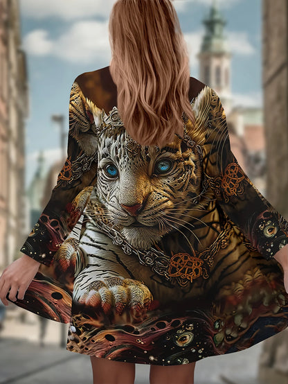 Women's Winter Jacket with 3D Tiger and Lion Animal Prints, Front-Opening Loose Fit Cape, Casual Polyester Women's Clothing