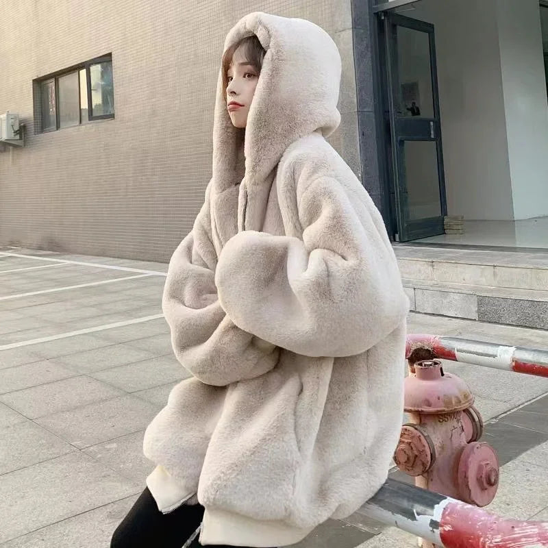 Winter High Street Harajuku Love Printed Rabbit Fur Padded Jacket Men and Women Hong Kong Style Student Hooded Cotton Jacket