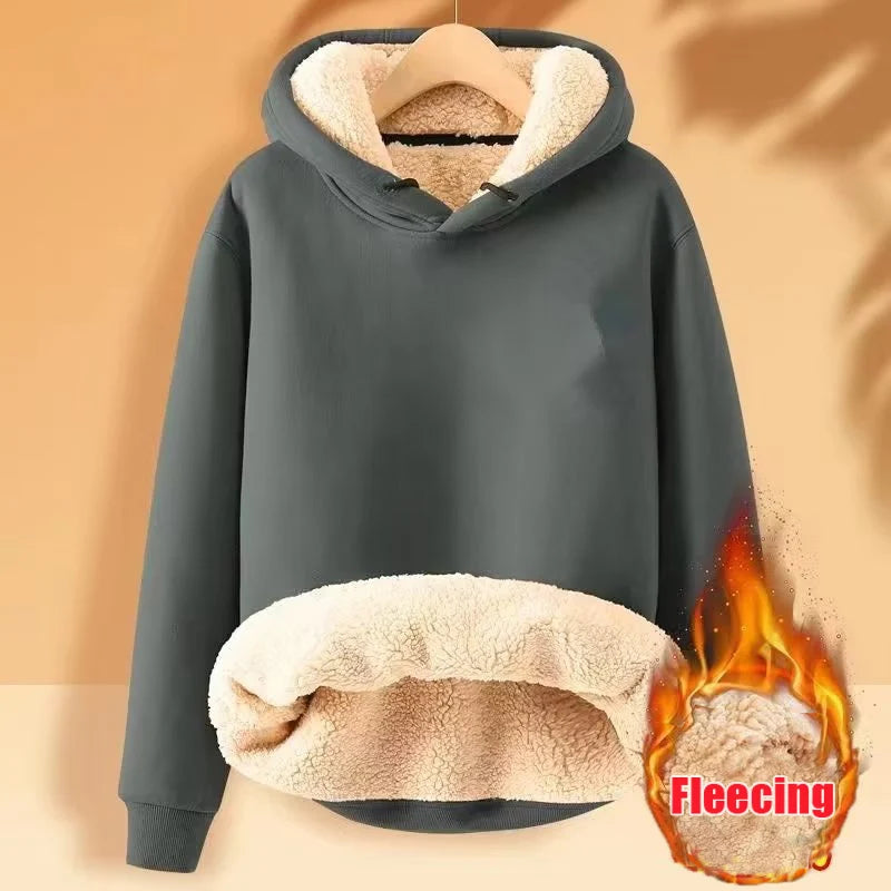 Fleece Sweatshirt Thickened Lamb Plush Hooded Pullover Casual Solid Sports Simple Top Long Sleeve Women Clothes Spring Loose New