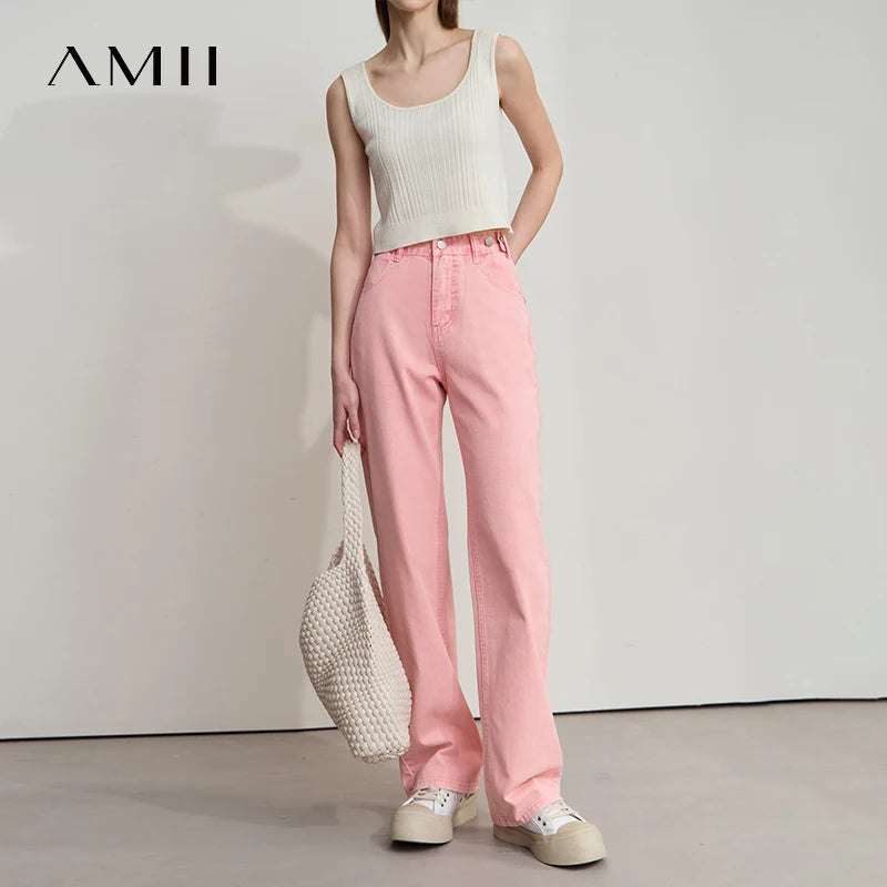 AMII Minimalist Women's Jeans 2025 Autumn New Versatile Retro Straight-leg Pants Solid Color Cotton Commuter Trousers 12542023