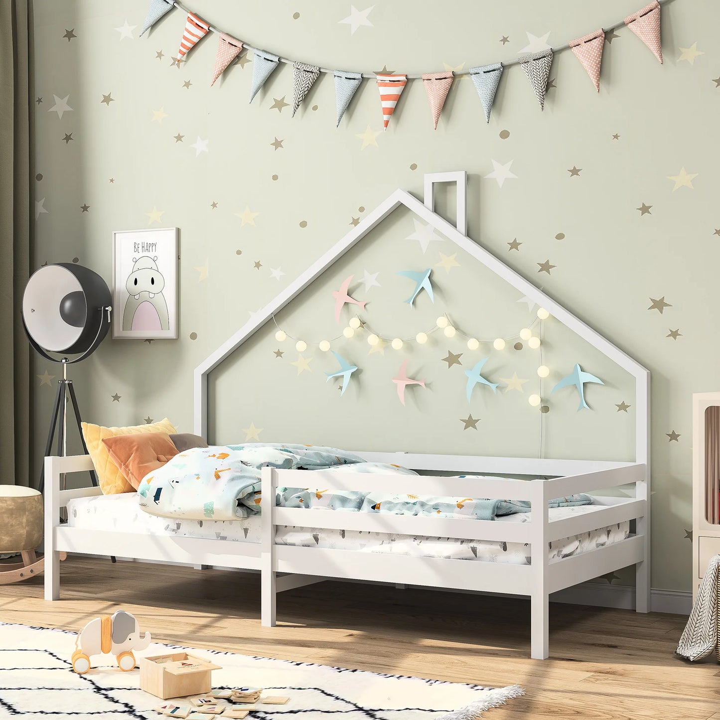 Anajqaqia 90x200 cm Single Bed, Children's Bed with Safety Rails and Slatted Frame, House Bed Design, Pine, White
