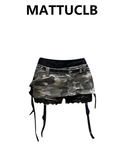Summer Women Gyaru Coquette Camouflage Culottes Harajuku Shoujo 2000s Aesthetic Low Rise Mini Denim Skirt Korean Y2k Japanese