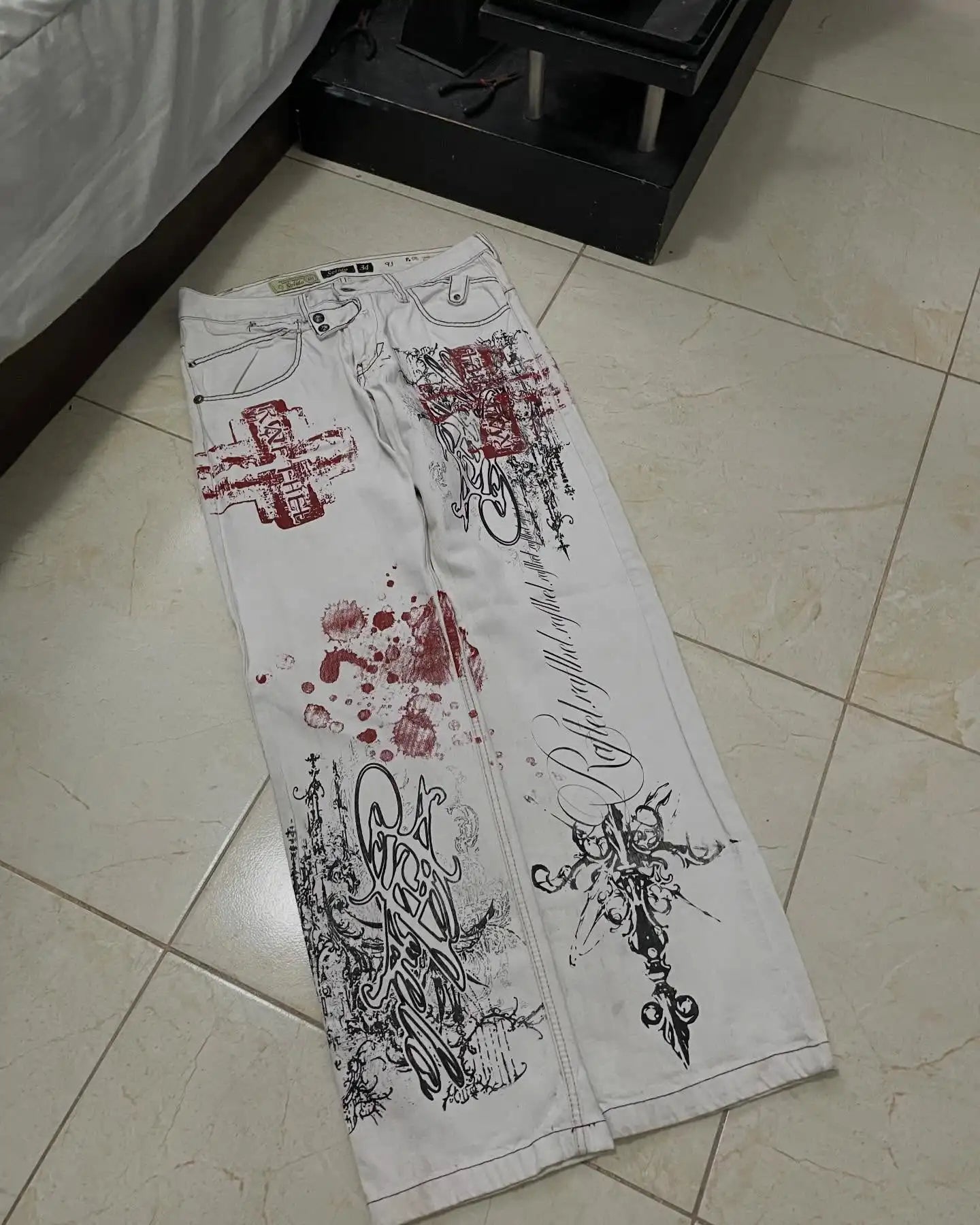 New Cyberpunk Jeans Mens American Y2K Red Graphic Street Goth Baggy Wide-Leg Pants Harajuku Hip-Hop Straight Pants