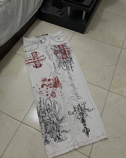 New Cyberpunk Jeans Mens American Y2K Red Graphic Street Goth Baggy Wide-Leg Pants Harajuku Hip-Hop Straight Pants