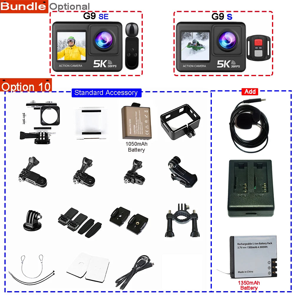Action Camera 5K 4K60FPS 50MP 2.0 Touch EIS Pre-Record Wireless Mic Wi-Fi 170D DVR Webcam Waterproof 30M 5X Zoom Sports Camera