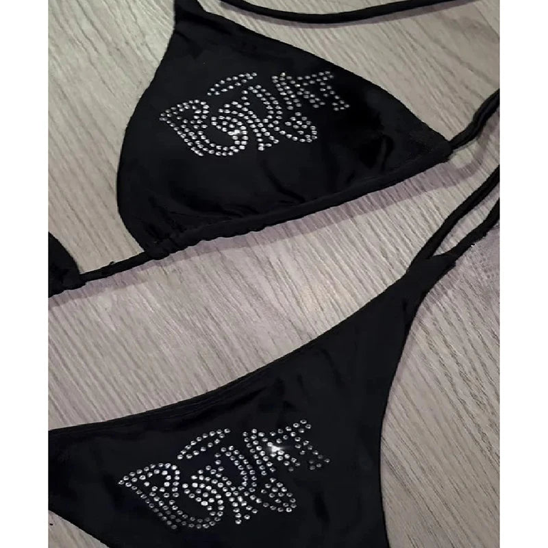 Vintage Spliced Diamond Bikini Set Swimwear Women Sexy Triangle Lace Up Micro Bikini Summer 2025 New Swimsuit Bikini Two Piece