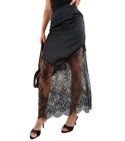 Patchwork Lace Maxi Skirt Women Chic Solid Waist Cinching Hollow Out Long Loose Bottoms Lady Party Daily Street Outerwear New