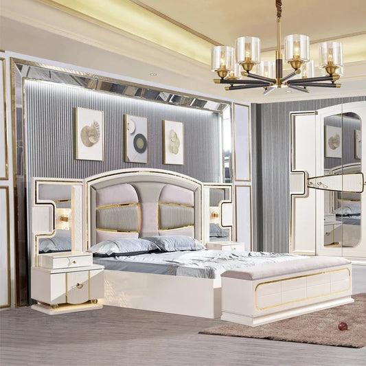 A Modern White Luxury King Size Leather Bedroom Bed Double Home Master Room Queen Wooden Full Mdf Bedroom Sets Furniture