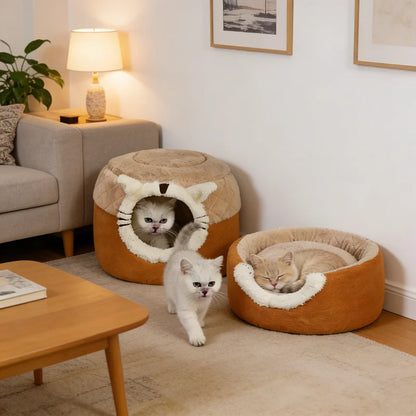 1PC Stool-Shaped Cute Pet Bed for Cats Dogs, Enclosed Warm Sleeping Nest with Security, All-Season Universal Cozy Pet Bed