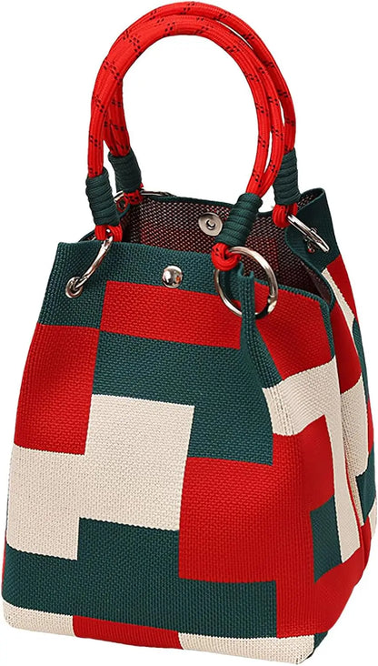 Mini Knitted Bucket Bag Women Small Handbag Geometric Colorblock Wristlet Purse With Detachable Handle