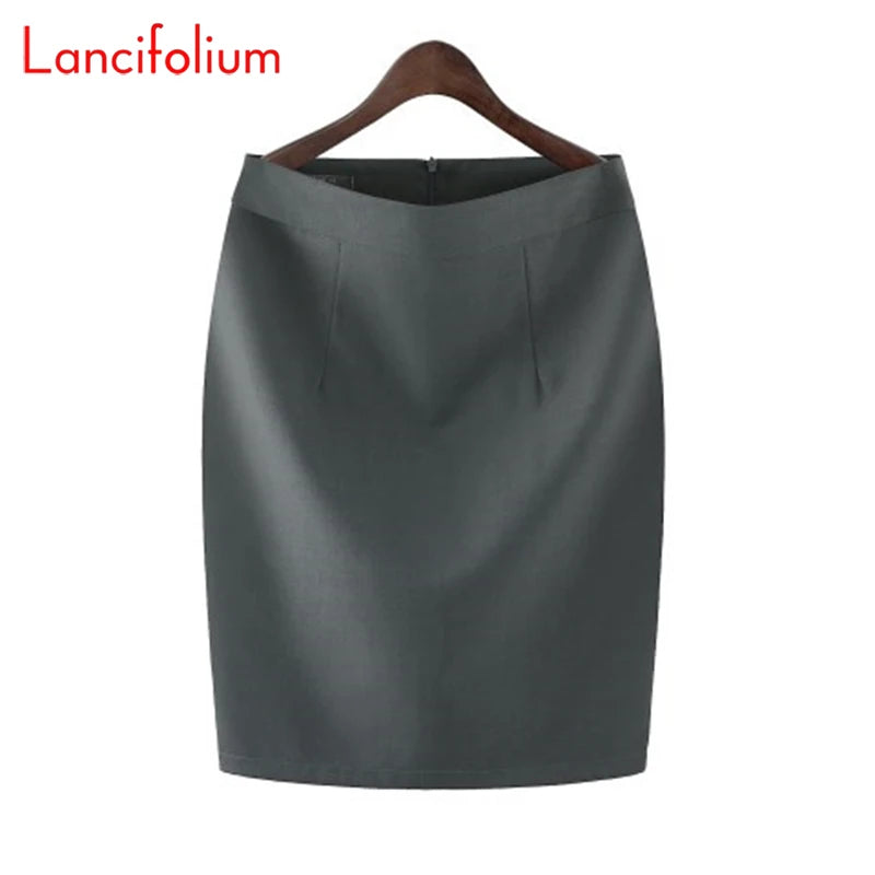 Knee Length Work Office High Waist Skirt Women Summer Vintage Formal OL Skirt Pocket Female Black Grey Bodycon Business Skirt