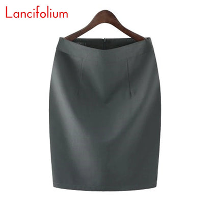 Knee Length Work Office High Waist Skirt Women Summer Vintage Formal OL Skirt Pocket Female Black Grey Bodycon Business Skirt