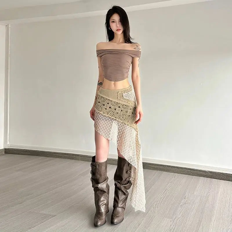 Bohemian Vintage Embroidery Knitted Skirts Summer Lace Patchwork Skirt for Women 2026 New Slim Fit Bodycon Faldas Mujer