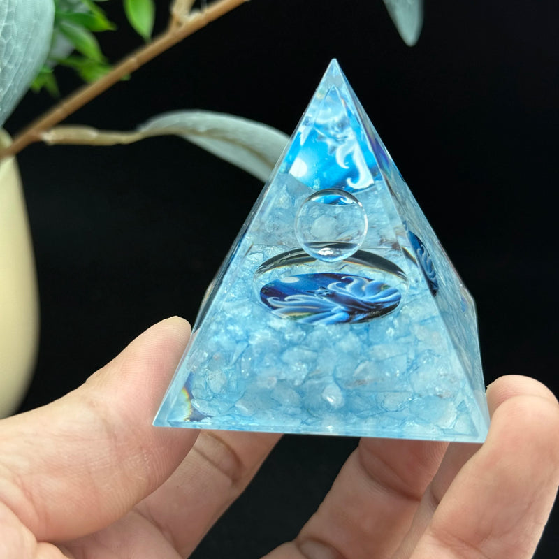 1pc Orgonite Pyramid, Aquamarine Orgonite Pyramid, Made of aquamarine crushed stone resin and transparent crystal balls