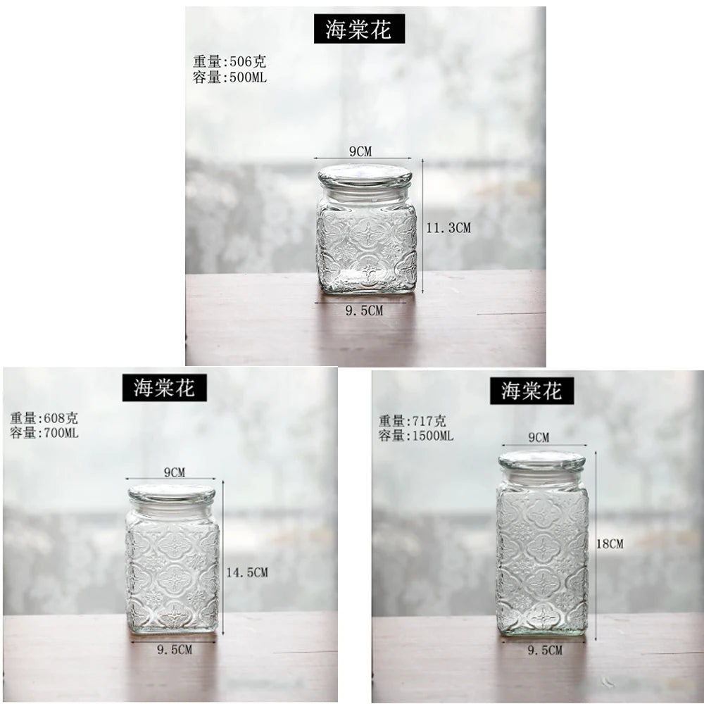 Retro Transparent Glass Sealed Jar Glass Lid Storage Jar Begonia Flower Glass Bottle Candy Storage Jar Kitchen Storage Supplies