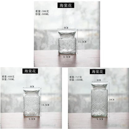Retro Transparent Glass Sealed Jar Glass Lid Storage Jar Begonia Flower Glass Bottle Candy Storage Jar Kitchen Storage Supplies