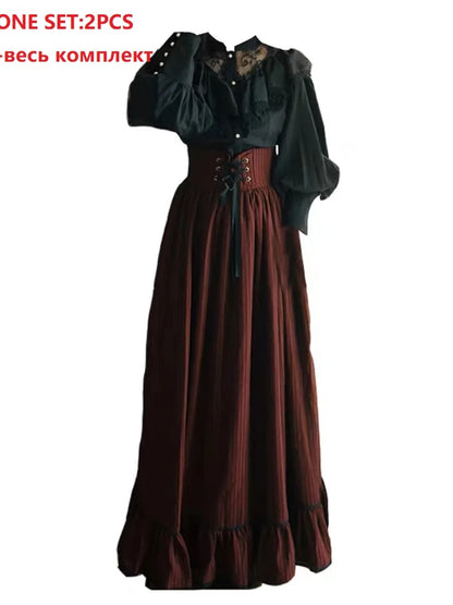 Gothic England Style Women Cosplay Palace Shirt Long Skirt Set Classic Black Lace Ruffle Shirt High Waist Bandage Skirts Femme