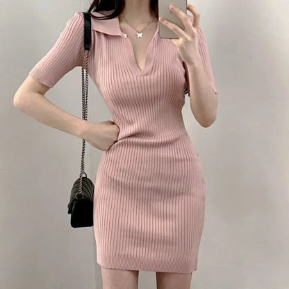 Short Sleeve Dress Women Slim Knitting Female Clothes Summer Streetwear Vacation Casual Soft Sweet Basic Ulzzang Vestidos