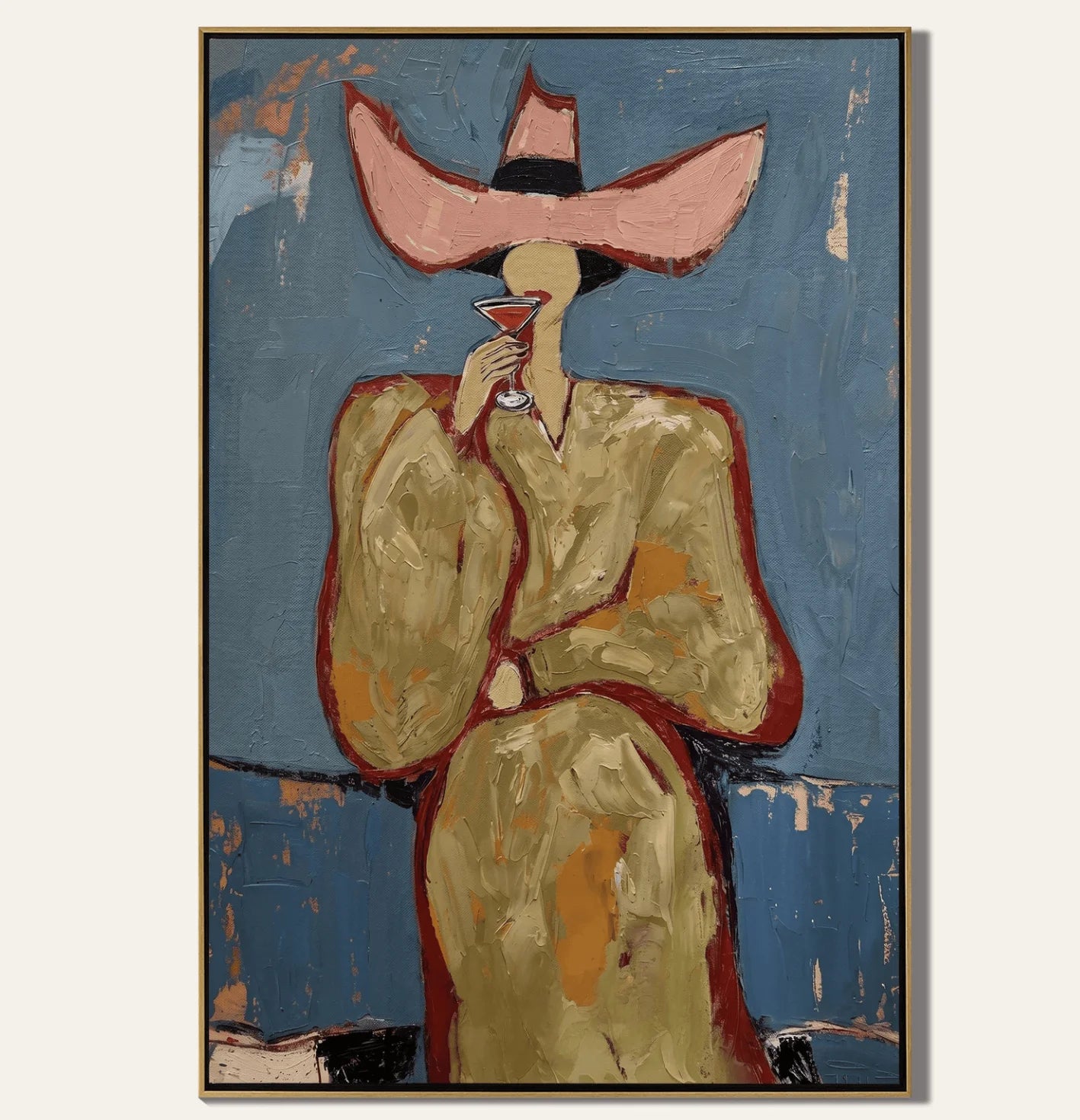 Wall Art Canvas Prints Posters Decor Textured Abstract Pink Hat Woman Wine Painting For Living Room Bedroom Bar Cafe Wall Decor