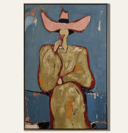 Wall Art Canvas Prints Posters Decor Textured Abstract Pink Hat Woman Wine Painting For Living Room Bedroom Bar Cafe Wall Decor
