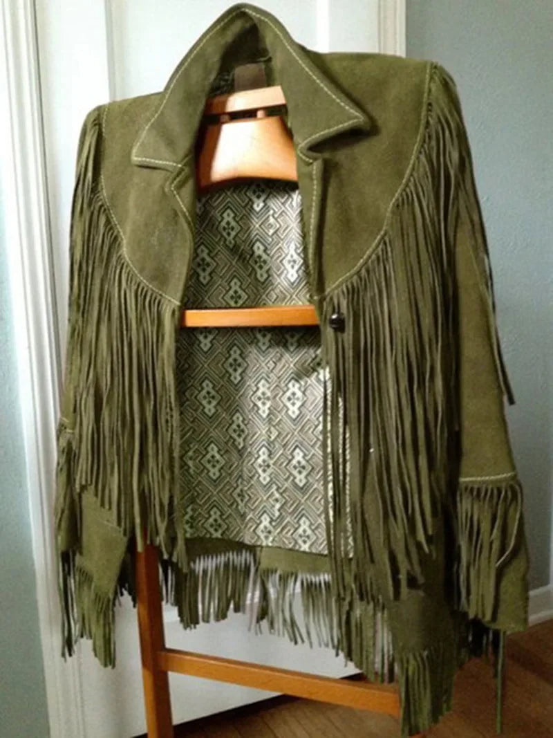 Casual Suede Leather Jacket Brown Lapel Pocket Fashion Woman Single Button Long Sleeve Tassel Coat Lady Spring Street Outwear