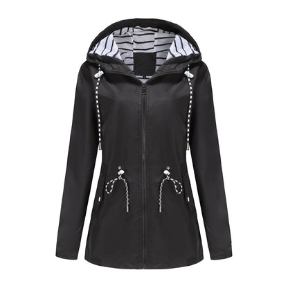 Women Outdoor Windbreaker Casual Loose Hooded Waterproof Raincoat Long Sleeve Solid Color Mid-length Zipper Hiking Jackets