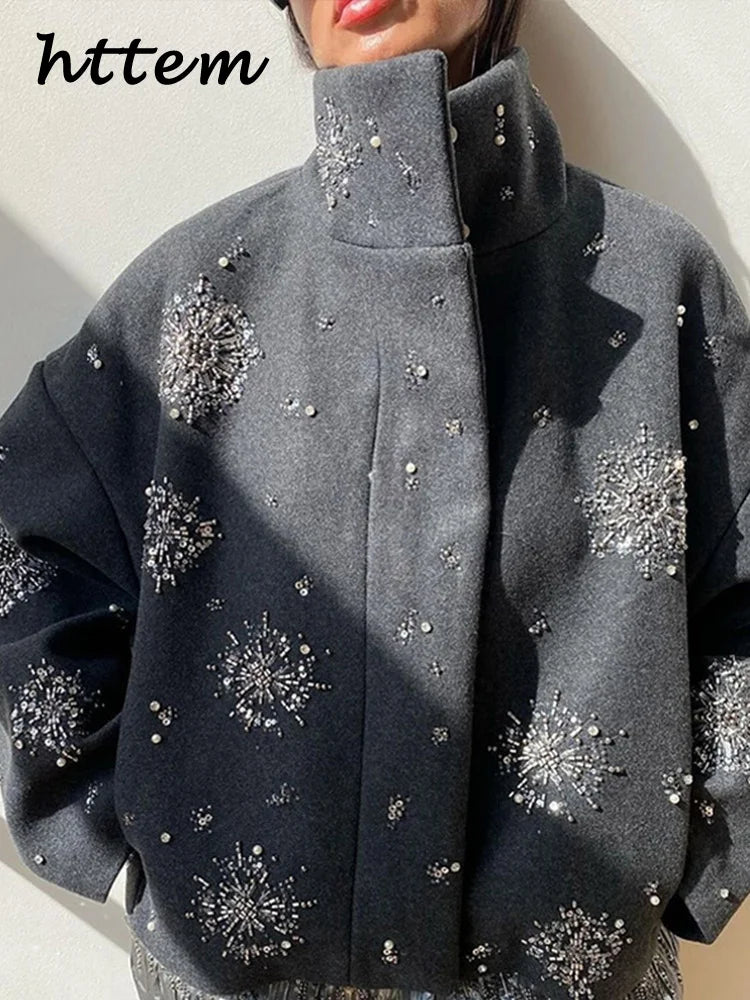 Street Women's Snowflake Beading Woolen Coat Elegant Stand Collar Zipper Full Sleeve Jacket 2024 Autumn Winter Lady Chic Outwear