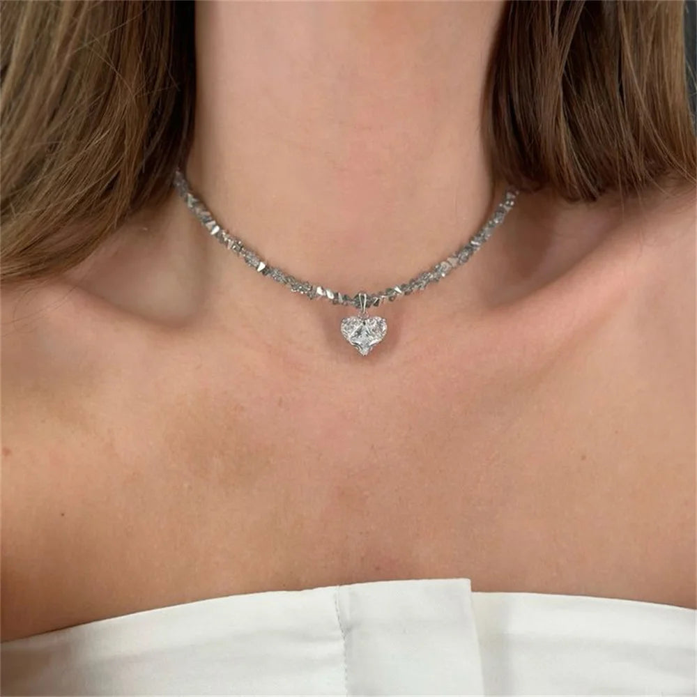 Fashion Vintage Tassels Zircon Heart Pendant Necklace For Women Female Boho Geometric Baroque Transparent Crystal  Chain Jewelry