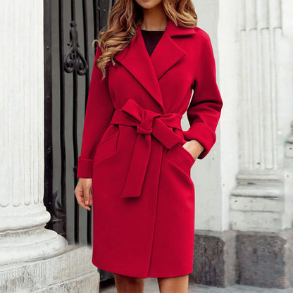 2025 Women Hot Pink Trench Coat Casual Mid Long Overcoat Lapel Open Front Cardigan Outwear Woolen Boot Winter Jackets for Women