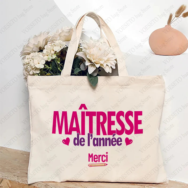 Teacher Theme Tote Bag Inspired School Shoulder Bag with French Style Design, Educational Motif Handbag Cadeau Maitresse D'école