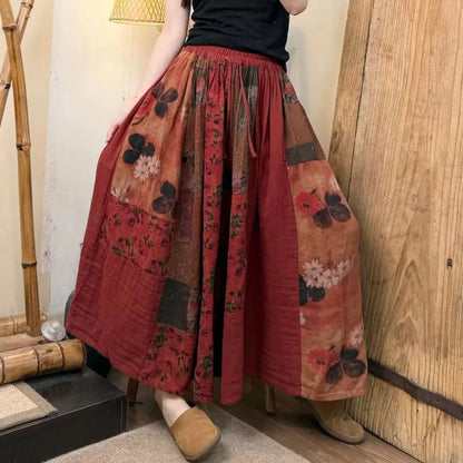 Women 2025 Summer New Loose Spliced Print Cotton and Linen Skirt Retro Casual Elastic Waist Skirt