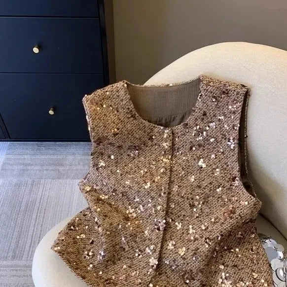 2025 New Women Heavy Sequins Fragrance Vest Coat Splicing New Vest Jacket Sleeveless Top Women Spring Summer Vest Jacket Female