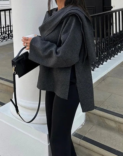 2025 Winter Female Scarf Coat Long Sleeve Knitted Asymmetric Jackets For Women Streetwear Causal Women Coats