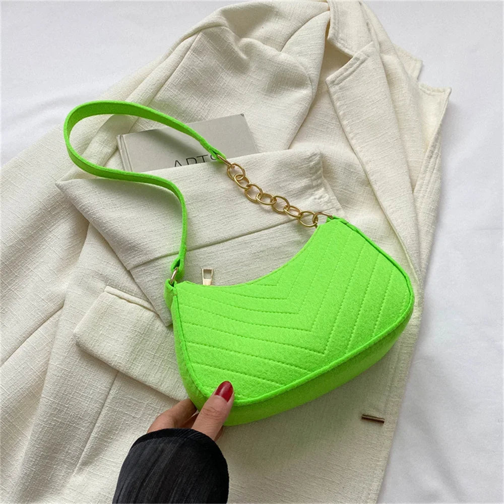 Felt Mini Shoulder Bag Women Fashion Solid Color Casual Handbags with Chain Shoulder Pouch Simple Light Weigh Underarm Bag