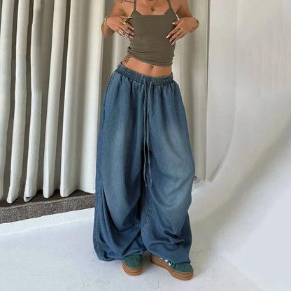Autumn Oversized Women Wide Leg Jeans Y2K Hip Hop Streetwear Loose Denim Pants High Waist Drawstring All Match Straight Trousers