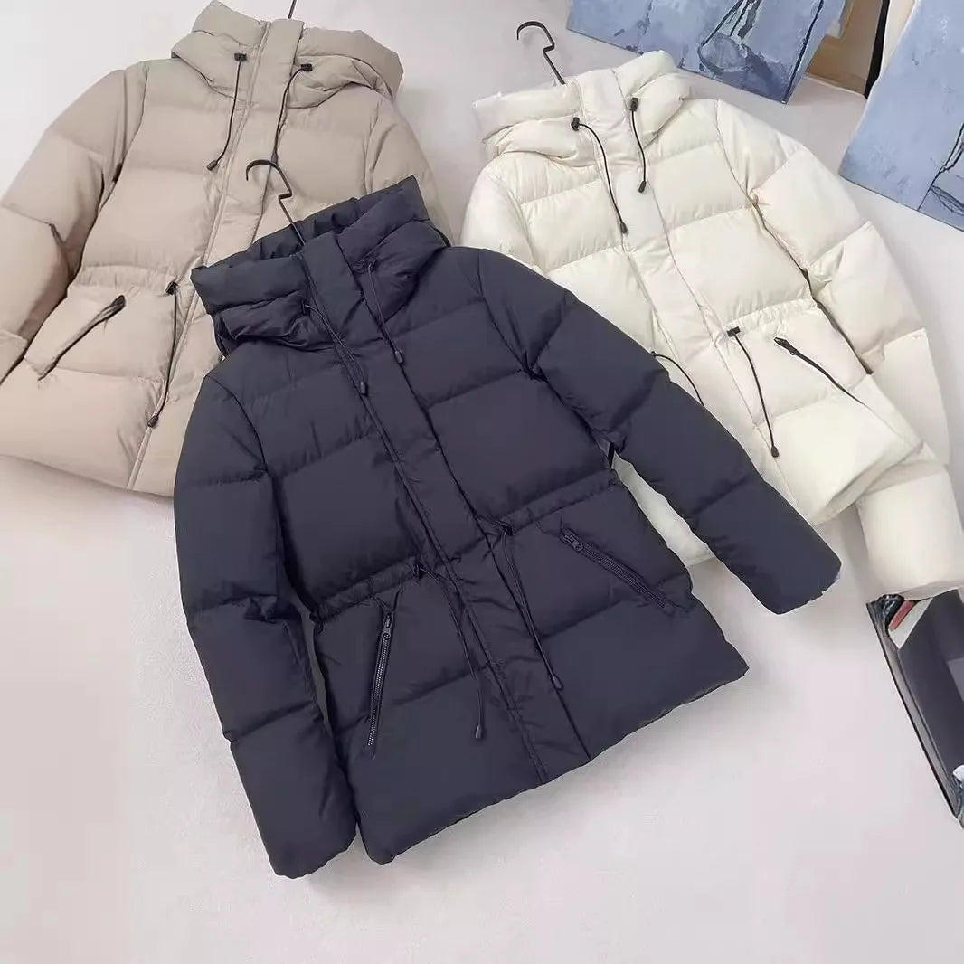 Winter Warm Hooded Coat Women's Mid-Length Waist Drawstring Jacket Windproof Thermal Outerwear