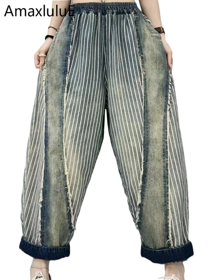 Amax luluE 2024 Summer Females Fashion Denim Pants Women Loose Vintage Striped Design Jeans Ladies Casual Classic Harem Trousers