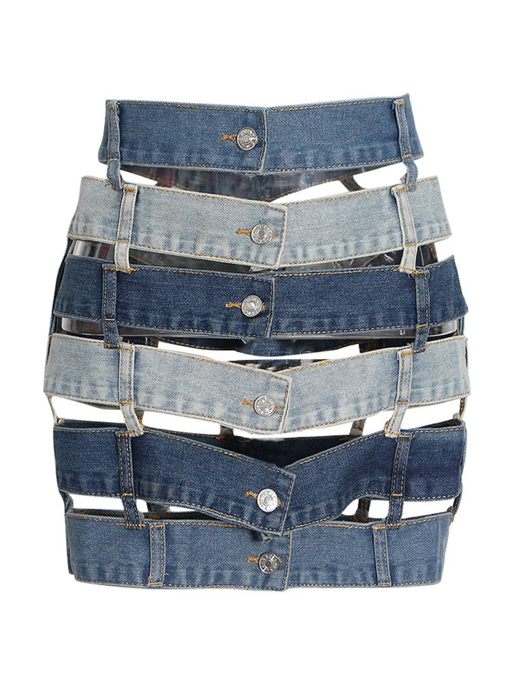 VGH Colorblock Streetwear Denim Skirts For Women High Waist Spliced Button Hollow Out Casual Irregular Skirt Female Fashion New