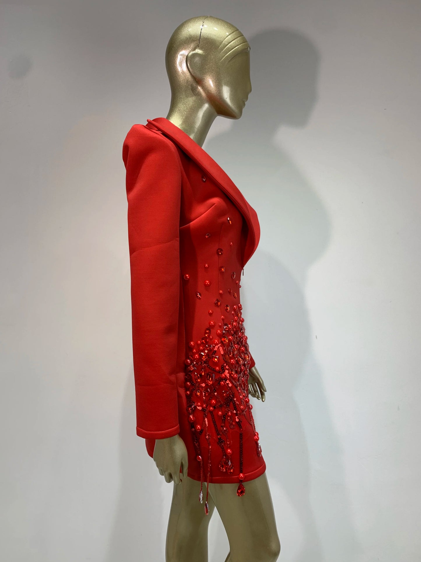 Sparkly Crystal Pearls Long sleeves Mini Dress Red Fashion Luxury Birthday Evening Party Nightclub Outfit Singer Stage Costume ﻿