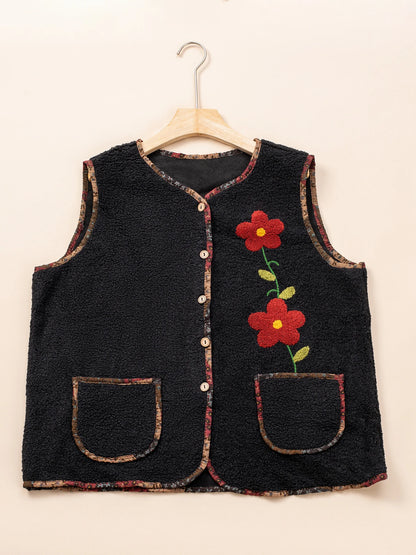 Autumn And Winter Warm Vest One Size Embroidered Flower Suede Lamb Vest Coat With Pockets For Women Sleeveless Loose Jacket
