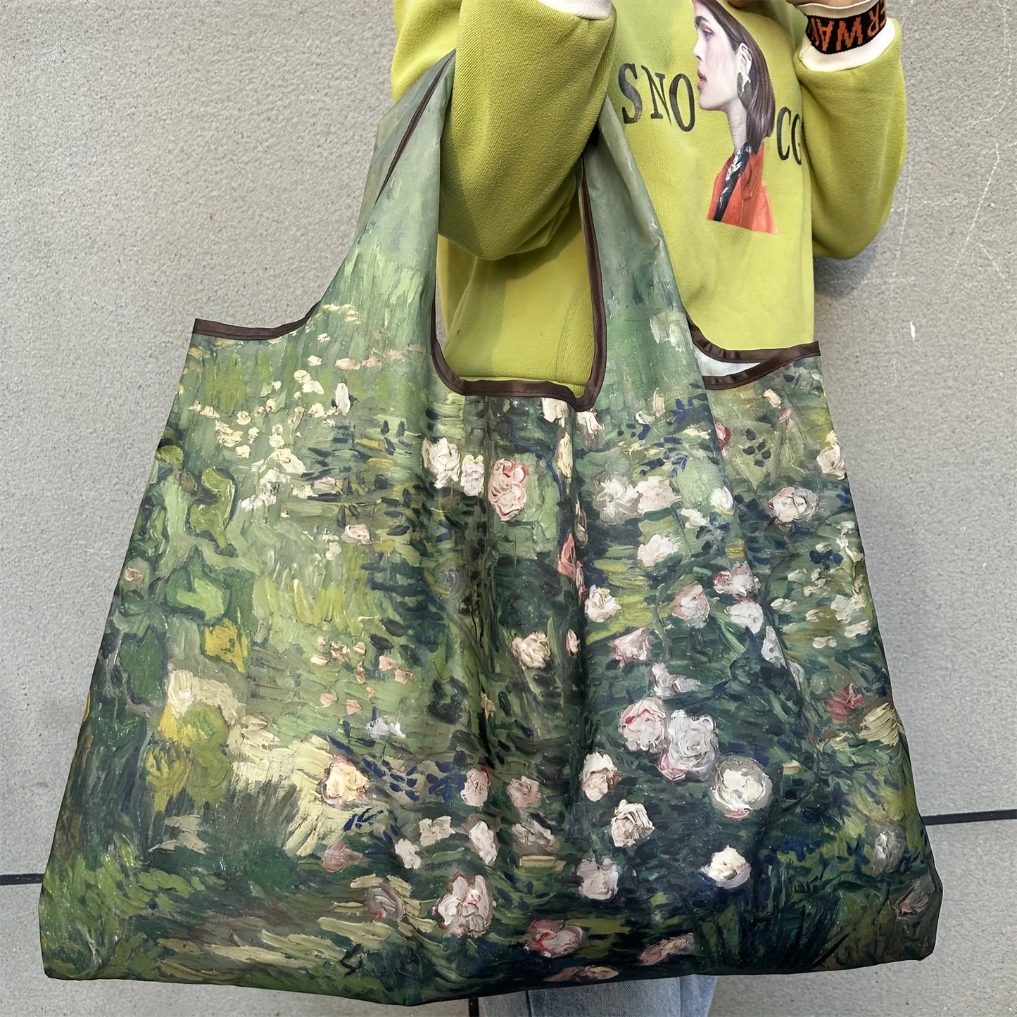 Chic Iris Flower Large Tote Bag Foldaway Convenience Nylon Shopping Bag with Shoulder Strap Lightweight Machine Washable