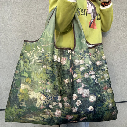 Chic Iris Flower Large Tote Bag Foldaway Convenience Nylon Shopping Bag with Shoulder Strap Lightweight Machine Washable