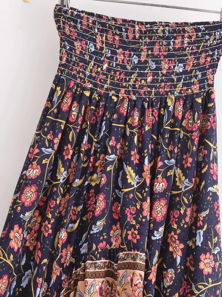 Vintage Chic Fashion Women Floral Print  High Low Beach Bohemian Skirt Elastic Waist Irregular Sexy Maxi Boho Skirts Femme