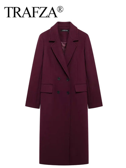TRAFZA Women Elegant Burgundy Woolen Coat Double Breasted Turn Down Collar Windbreaker Jacket Fashion Lady High Street Outerwear