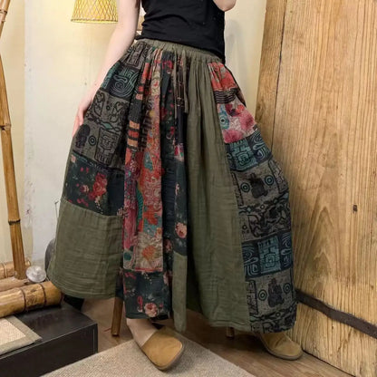 Women 2025 Summer New Loose Spliced Print Cotton and Linen Skirt Retro Casual Elastic Waist Skirt