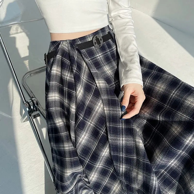 Long Skirts Women Woolen Skirt 2025 Goth Lolita Autumn Winter High Waist Ruffles Asymmetrical Plaid Skirt Maxi With Belt