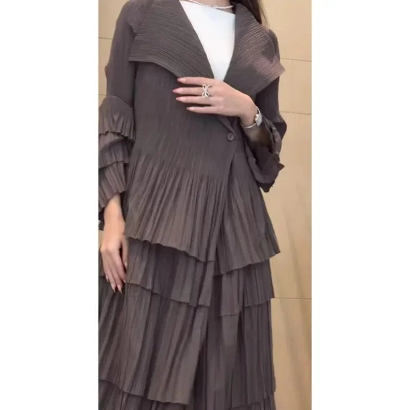 YUDX Miyake Pleated Spliced Ruffles Trench Coat Women Lapel Full Flare Sleeve Single Button Solid Color New 2025 Outwear Tops